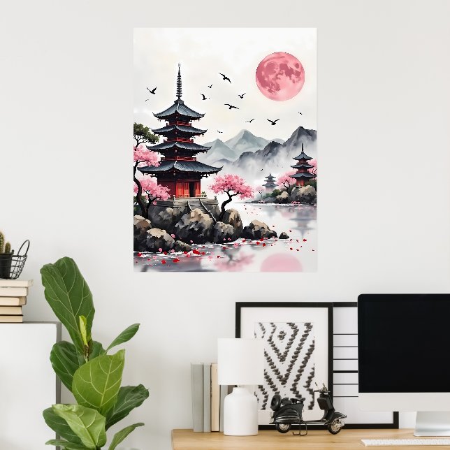 Pink Moon over Pagoda Poster (Home Office)