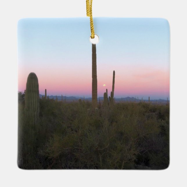 Pink Moon over Saguaro at Sunrise Ceramic Ornament (Front)