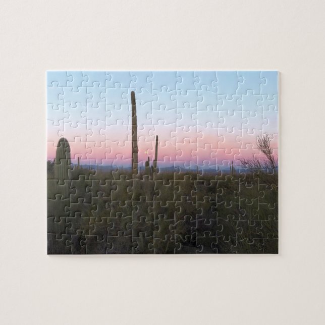Pink Moon over Saguaro at Sunrise Jigsaw Puzzle (Horizontal)