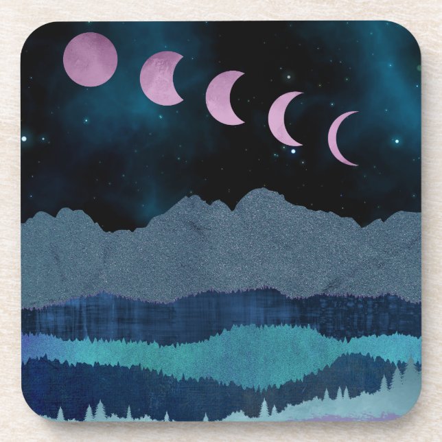 Pink Moon Phases Landscape Beverage Coaster (Front)