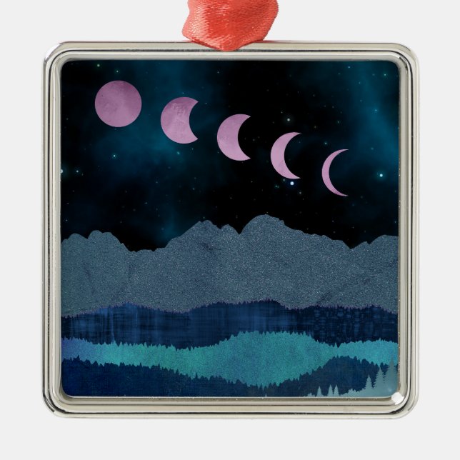 Pink Moon Phases Landscape Metal Ornament (Front)