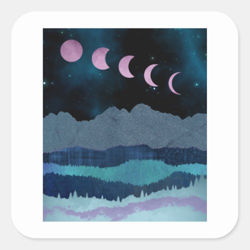 Pink Moon Phases Landscape Square Sticker