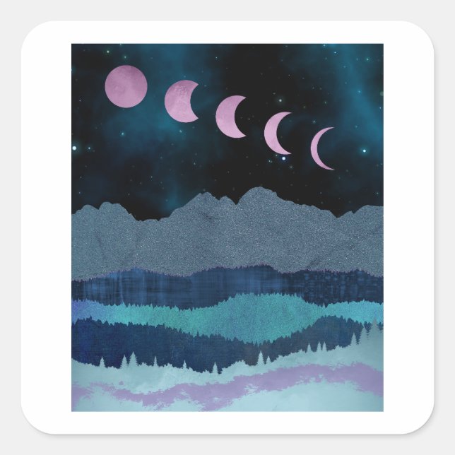 Pink Moon Phases Landscape Square Sticker (Front)