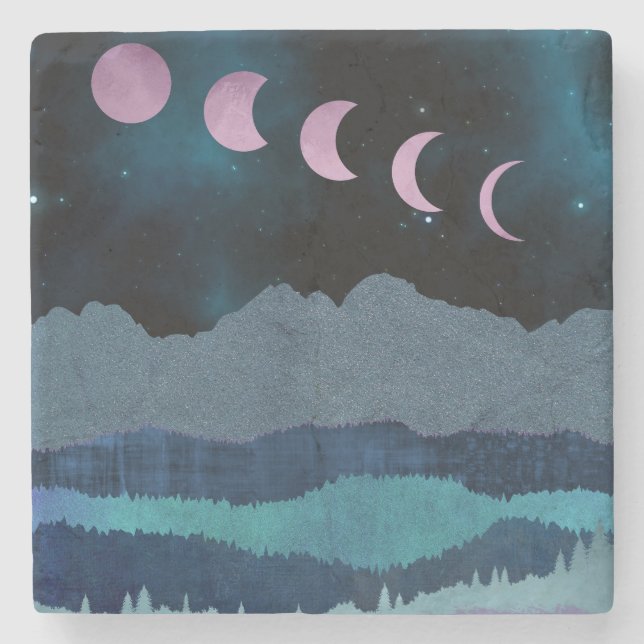 Pink Moon Phases Landscape Stone Coaster (Front)