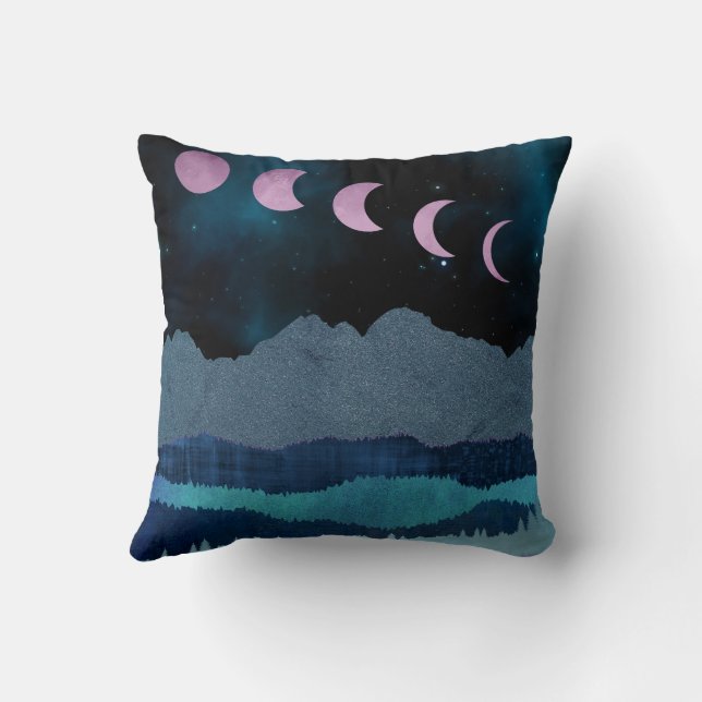 Pink Moon Phases Landscape Throw Pillow (Back)