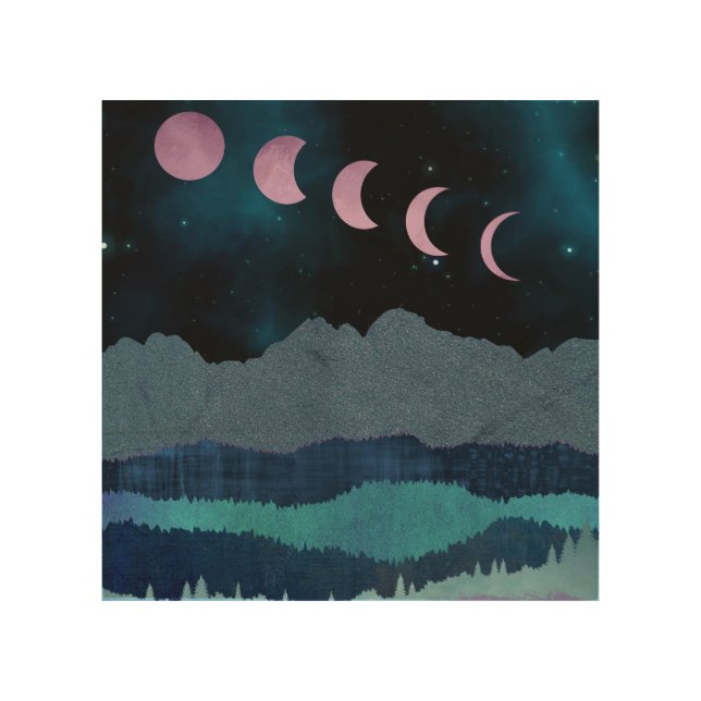Pink Moon Phases Landscape Wood Wall Art (Front)