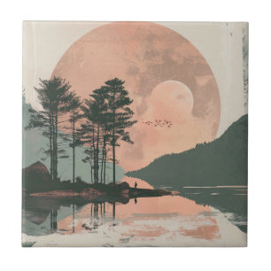 Pink Moon Sage Mountain Forest Lake Landscape Ceramic Tile