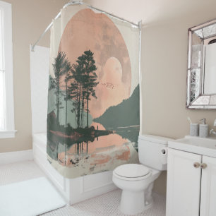 Pink Moon Sage Mountain Forest Lake Landscape Shower Curtain