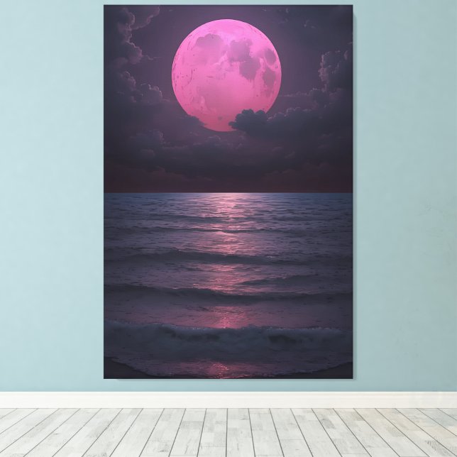 Pink Moon Serenade — A Dreamy Ocean Night Canvas Print (Insitu(Wood Floor))