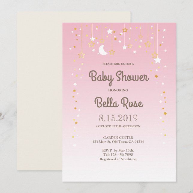 Pink Moon Star Girl Baby Shower Invite (Front/Back)