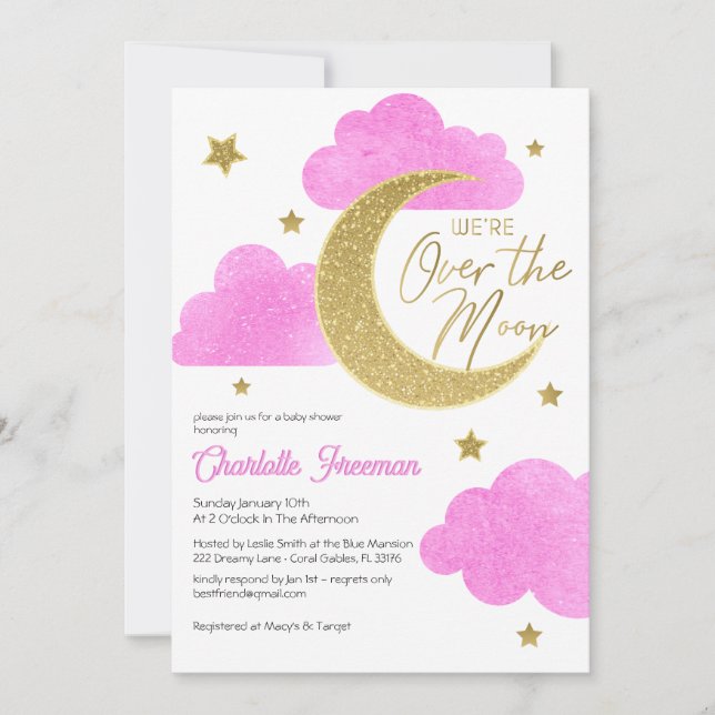Pink Moon & Stars Baby Shower Invitation (Front)