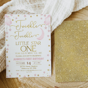 Pink Moon Stars Twinkle Little Star 1st Birthday Invitation