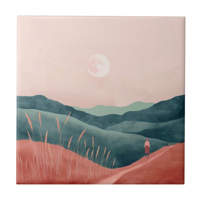 Pink Moon Teal Boho Mountain Landscape Ceramic Tile (Front)