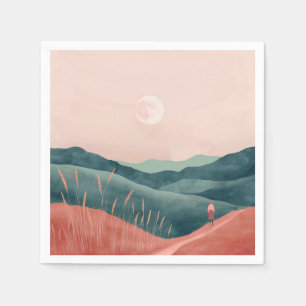 Pink Moon Teal Boho Mountain Landscape Napkins