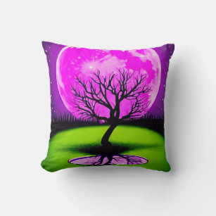 Pink Moon & Tree Silhouette Throw Pillow