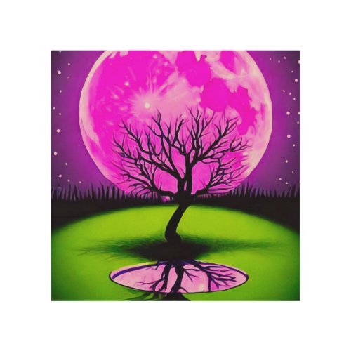 Pink Moon  Tree Silhouette Wood Wall Art