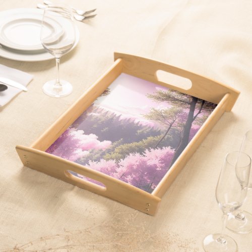 pink moorning in forest Serving Trays