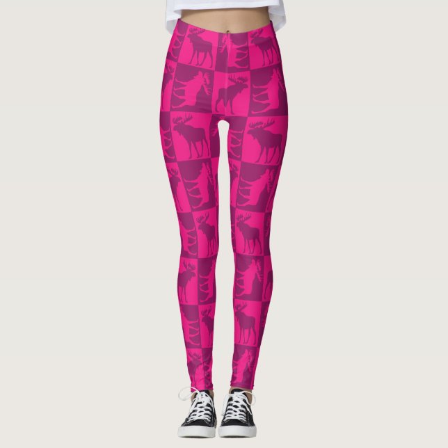 Pink moose square pattern leggings (Front)