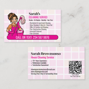 Pink Mop and Bucket Cartoon Cleaning Lady Maid Business Card