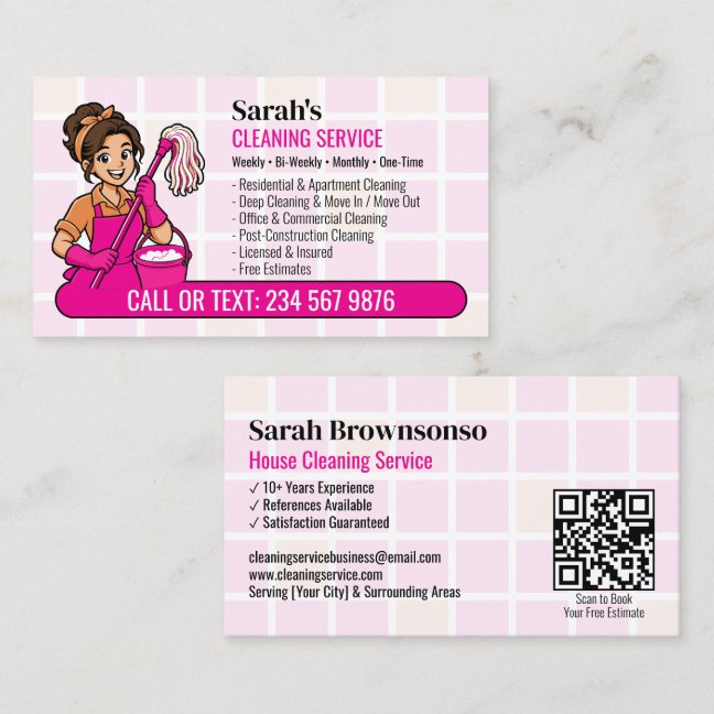 Pink Mop and Bucket Cartoon Cleaning Lady Maid Business Card
