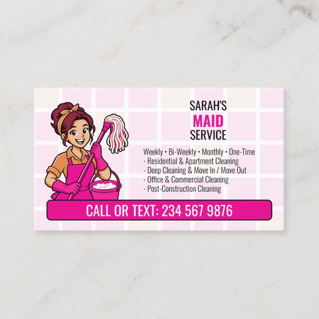 Pink Mop Cartoon Cleaning Lady Maid Business Card