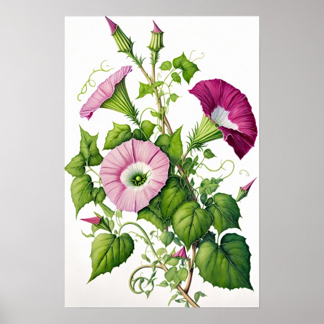 Pink Morning Glory Flowers Art Print Poster (Front)