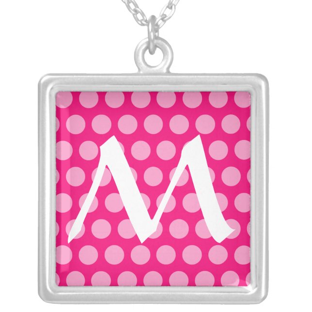 Pink Moroccan Dots with monogram Silver Plated Necklace (Front)