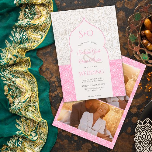 Pink Moroccan floral initials 3 photo wedding Invitation