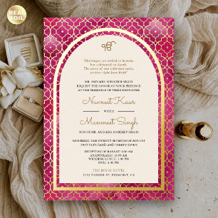 Pink Moroccan Pattern Sikh Arch Wedding Gold Foil Invitation