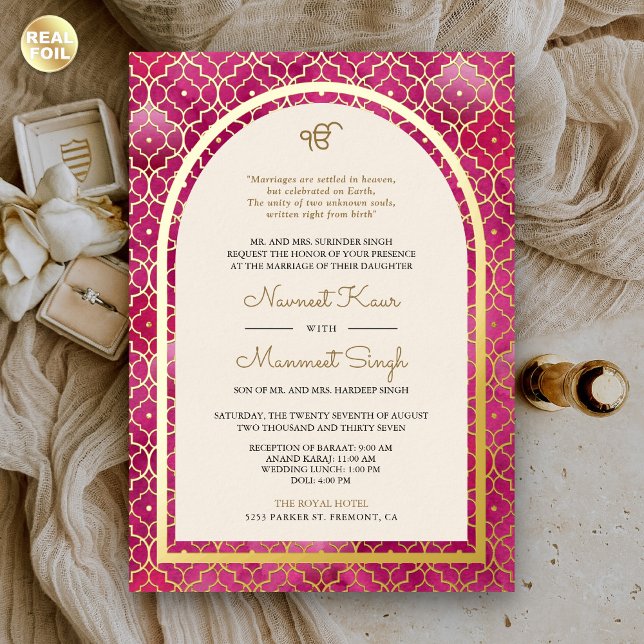 Pink Moroccan Pattern Sikh Arch Wedding Gold Foil Invitation (Creator Uploaded)