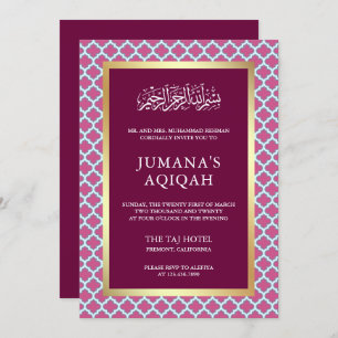 Pink Moroccan Quatrefoil Pattern Islamic Aqiqah Invitation