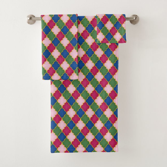 Pink Moroccan Tile (small scale) Bath Towel Set (Insitu)