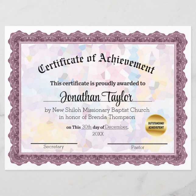 Pink Mosaic Certificate of Achievement (Front)