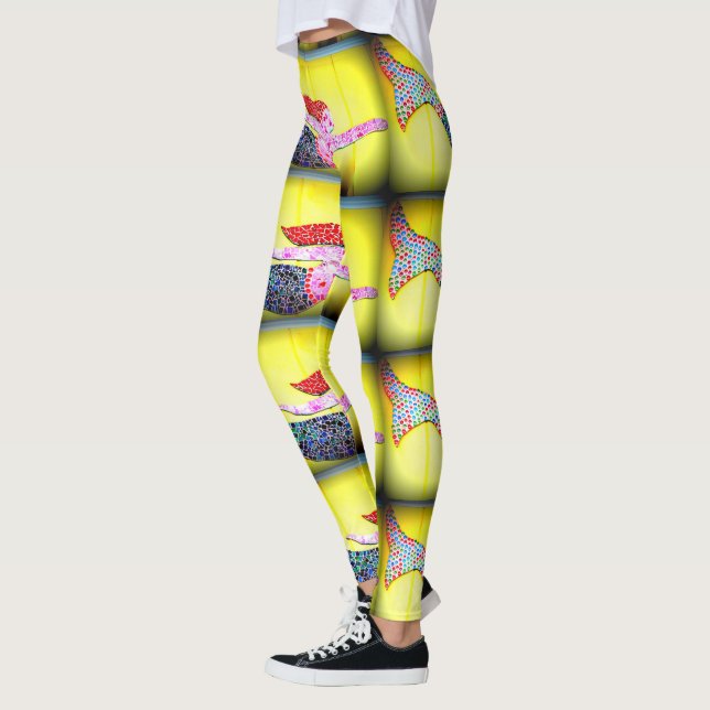 pink mosaic mermaids Thunder_Cove yellow Leggings (Left)