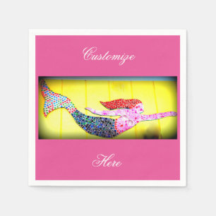 pink mosaic mermaids yellow paper napkins