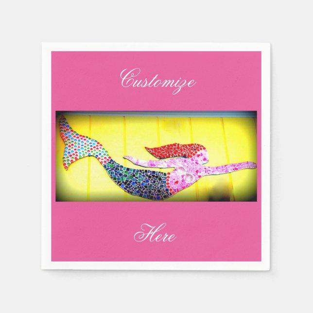 pink mosaic mermaids yellow paper napkins (Front)