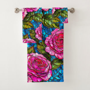 Pink mosaic roses bath towel set
