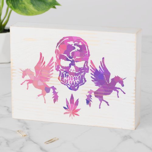 Pink Mosaic Skull Unicorns Wooden Box Sign