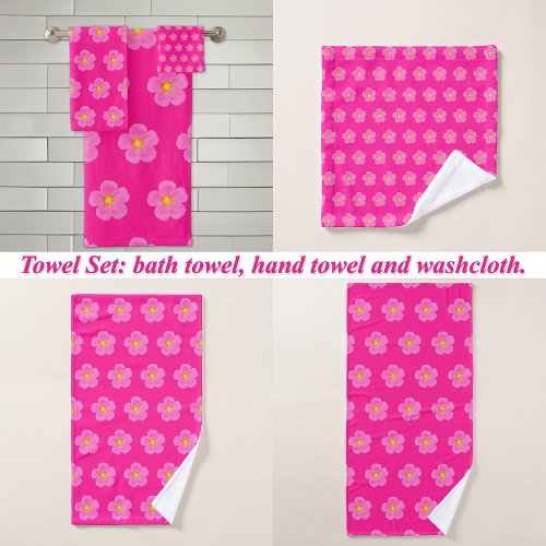 Pink Moss Rose Flower Seamless Pattern on Bath Towel Set