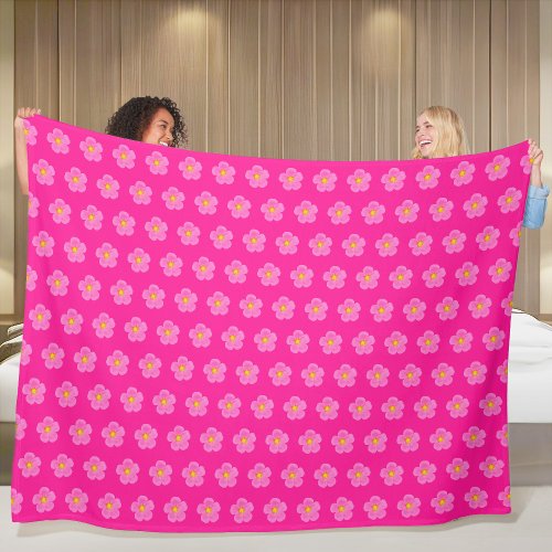 Pink Moss Rose Flower Seamless Pattern on Fleece Blanket