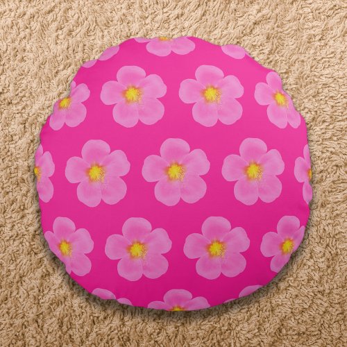 Pink Moss Rose Flower Seamless Pattern on Round Pillow