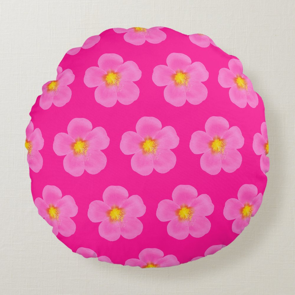Disover Pink Moss Rose Flower Seamless Pattern on Round Pillow