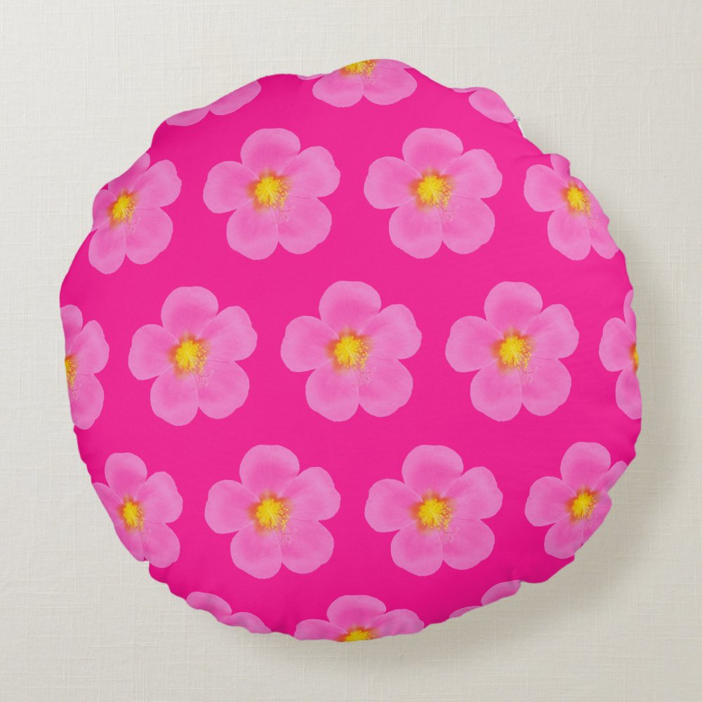 Disover Pink Moss Rose Flower Seamless Pattern on Round Pillow
