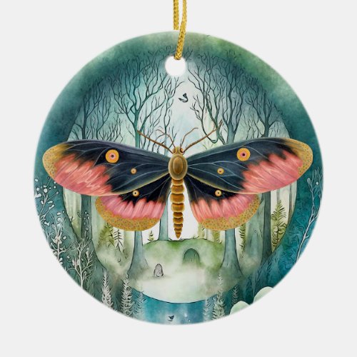 Pink Moth Forest Night Ceramic Ornament