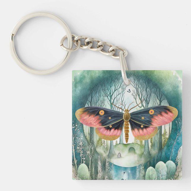 Pink Moth Forest Night Keychain (Front)