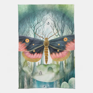 Pink Moth Forest Night Kitchen Towel