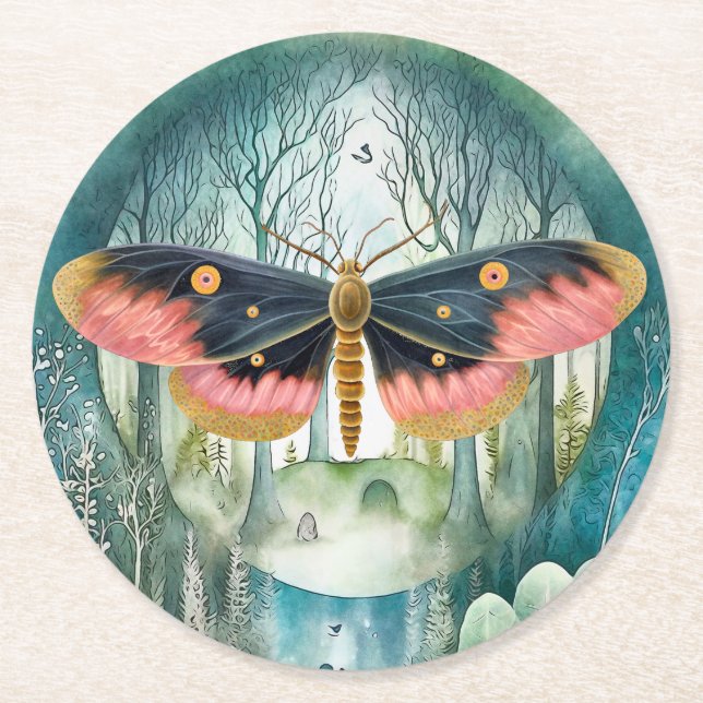Pink Moth Forest Night Round Paper Coaster (Front)