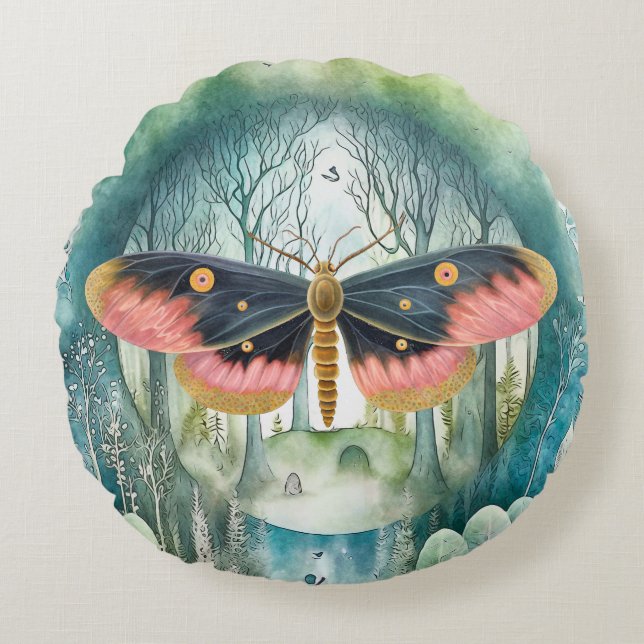 Pink Moth Forest Night Round Pillow (Front)