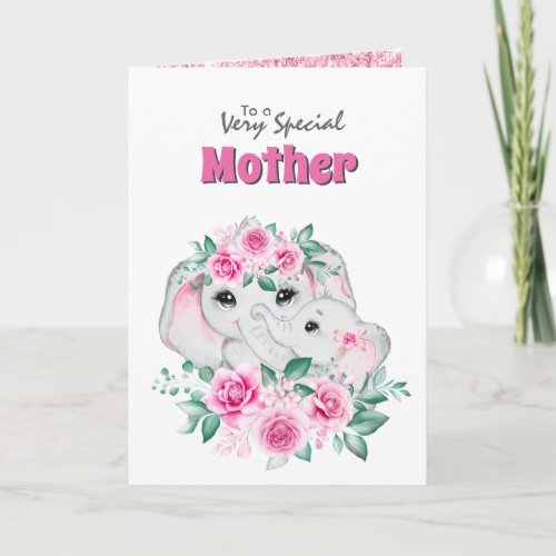 Pink mother child elephant rose special card