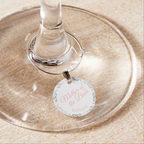 Pink Mother of Bride Silver Frills Name Wedding  Wine Charm